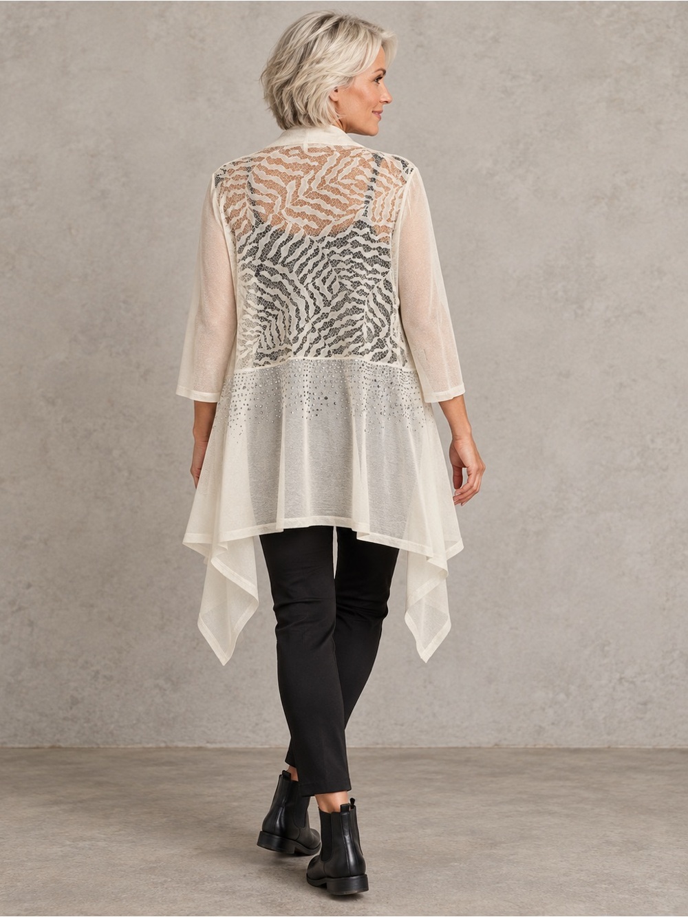Beta’s Choice Ivory Lace Rhinestone Asymmetrical Cardigan M